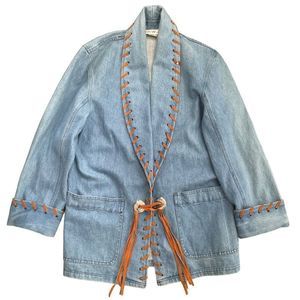 Made in USA Unisex Blue Denim Blazer Tan Suede Trim Jacket " in description